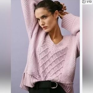 Anthropologie Maeve Tillie V-Neck Pullover Sweater|Cable Knit|Lavender| X-Small